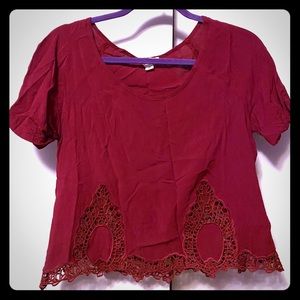 Short sleeved maroon blouse with embroidering